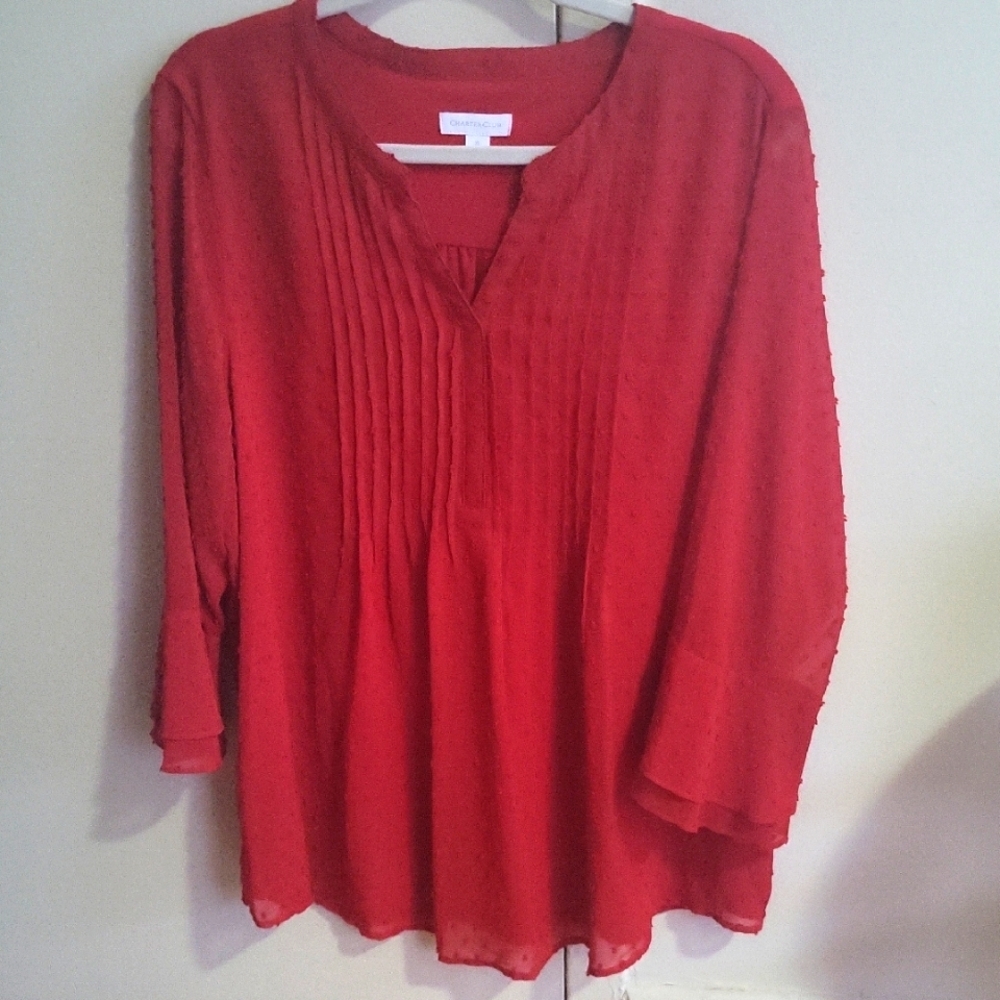 Charter Club Red Pleated Mandarin Collar Blouse - Picture 1 of 6